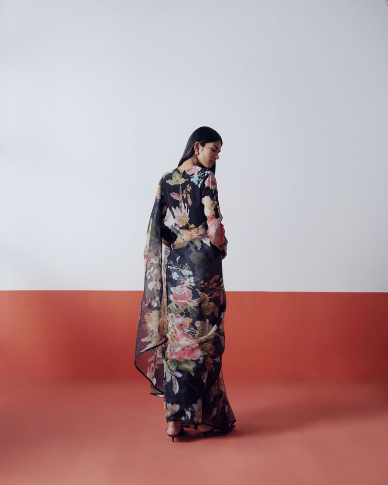 Carmine Embroidered Saree organza by YAM in black color for women Worldwide