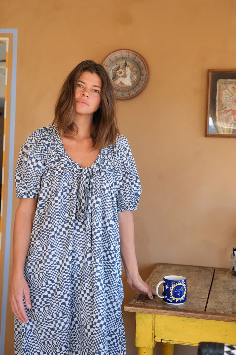 Central Park Dress — Blue check hand block printed cotton dress by World of Crow in blue for women Worldwide