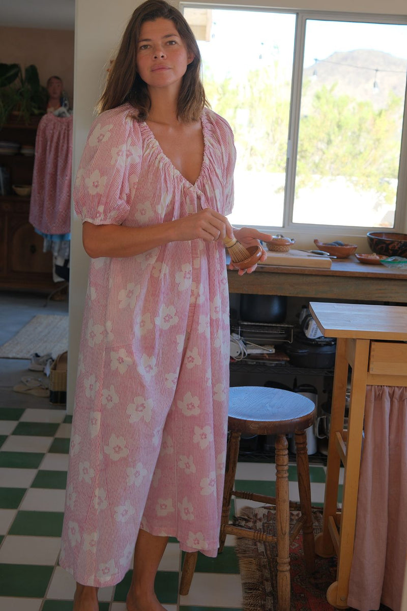 Central Park Dress — Floral hand block printed cotton dress by World of Crow in pink for women Worldwide