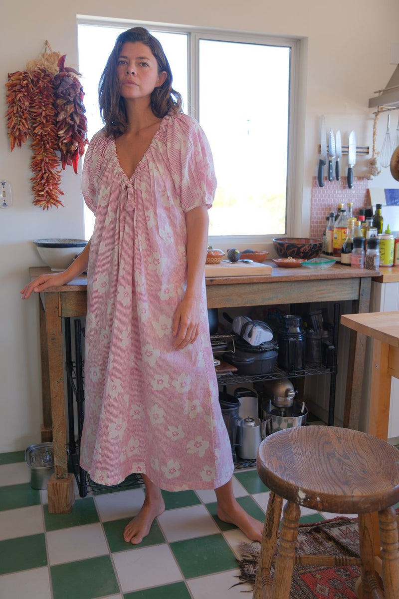 Central Park Dress — Floral hand block printed cotton dress by World of Crow in pink for women Worldwide