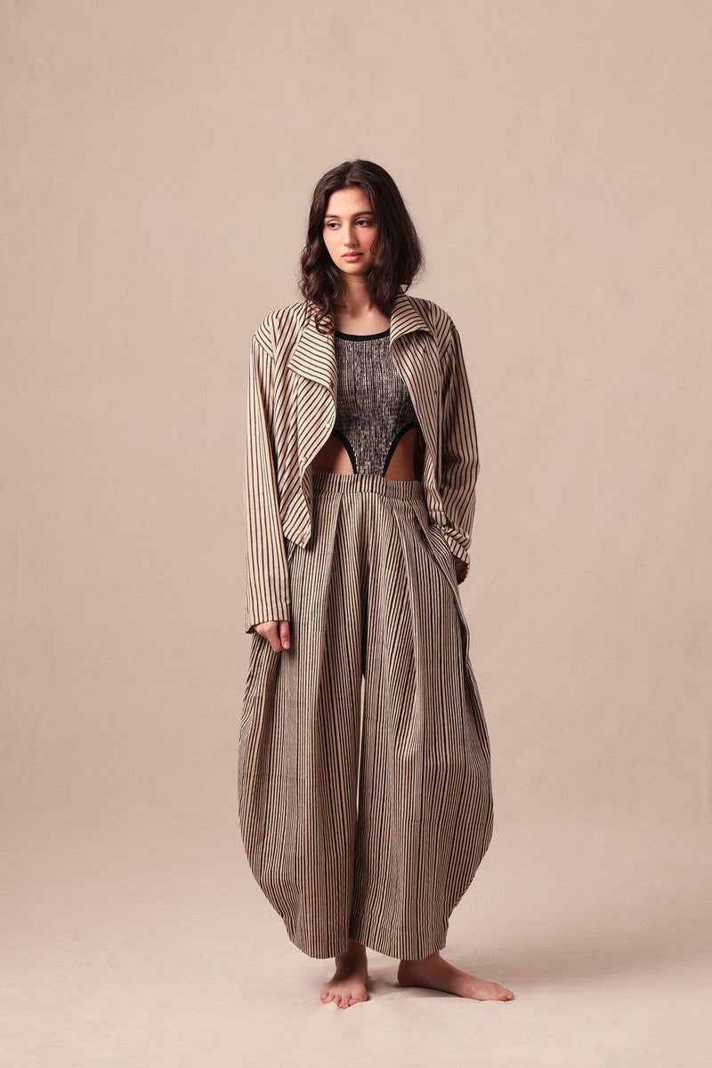 Charcoal Striped Bodysuit Barrel Pants and Crop Jacket Co-Ord Set (3PCS) cotton co-ord set by Mati in black for women Worldwide