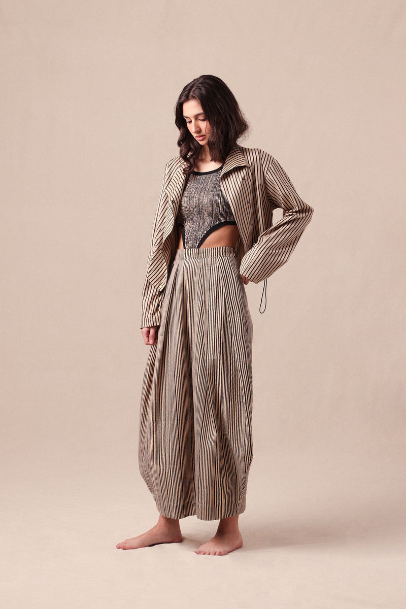Charcoal Striped Bodysuit Barrel Pants and Crop Jacket Co-Ord Set (3PCS) cotton co-ord set by Mati in black for women Worldwide