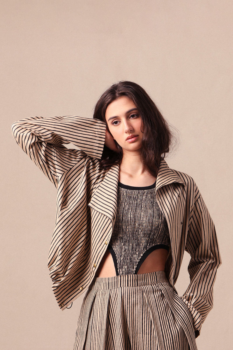 Charcoal Striped Bodysuit Barrel Pants and Crop Jacket Co-Ord Set (3PCS) cotton co-ord set by Mati in black for women Worldwide