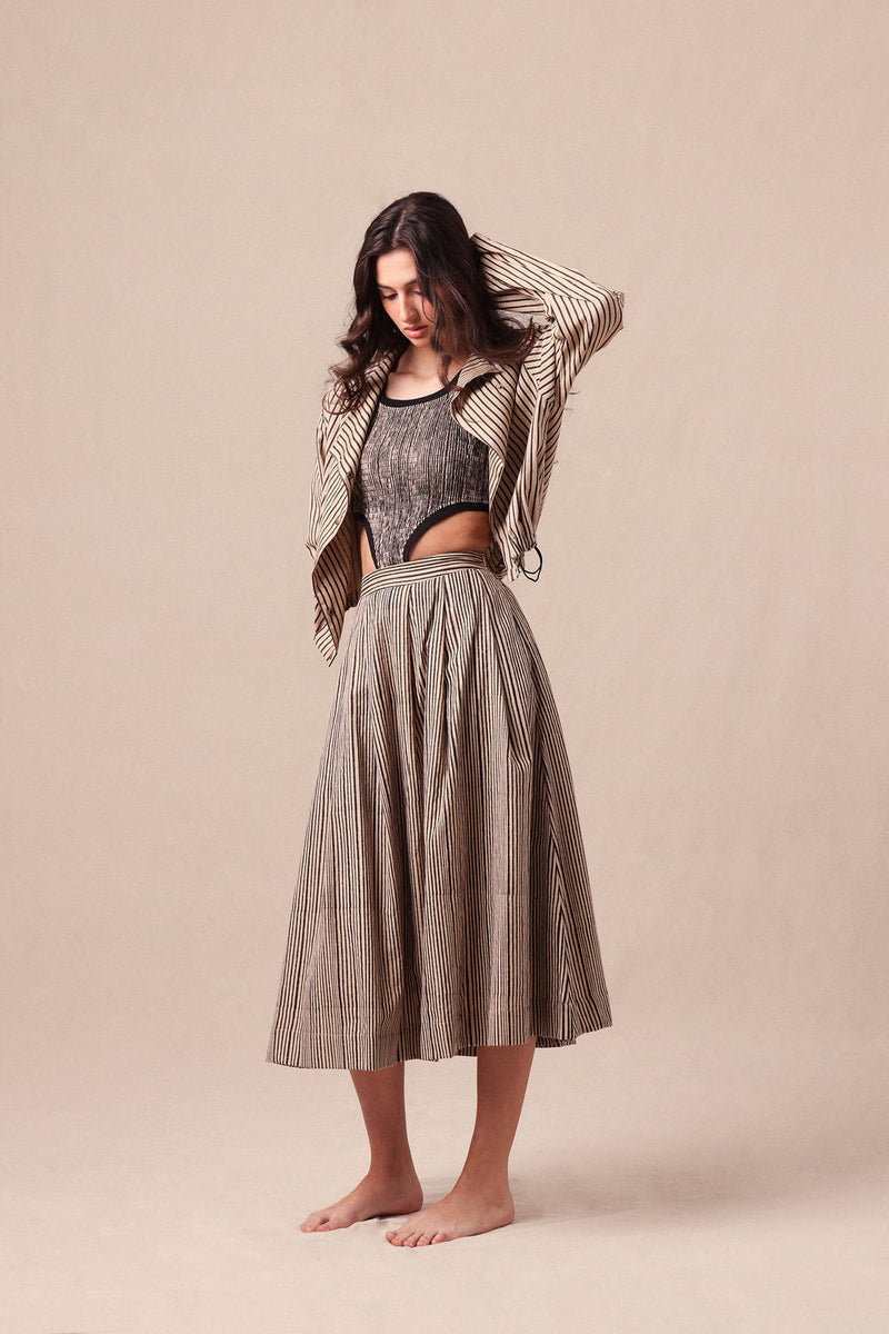 Charcoal Striped Bodysuit Box Pleated Skirt and Crop Jacket Co-Ord Set (3 PCS) cotton co-ord set by Mati in black for women Worldwide