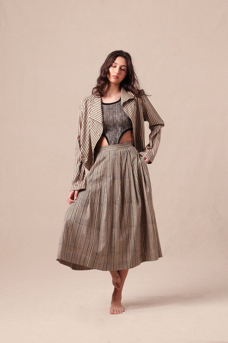 Charcoal Striped Bodysuit Box Pleated Skirt and Crop Jacket Co-Ord Set (3 PCS) cotton co-ord set by Mati in black for women Worldwide