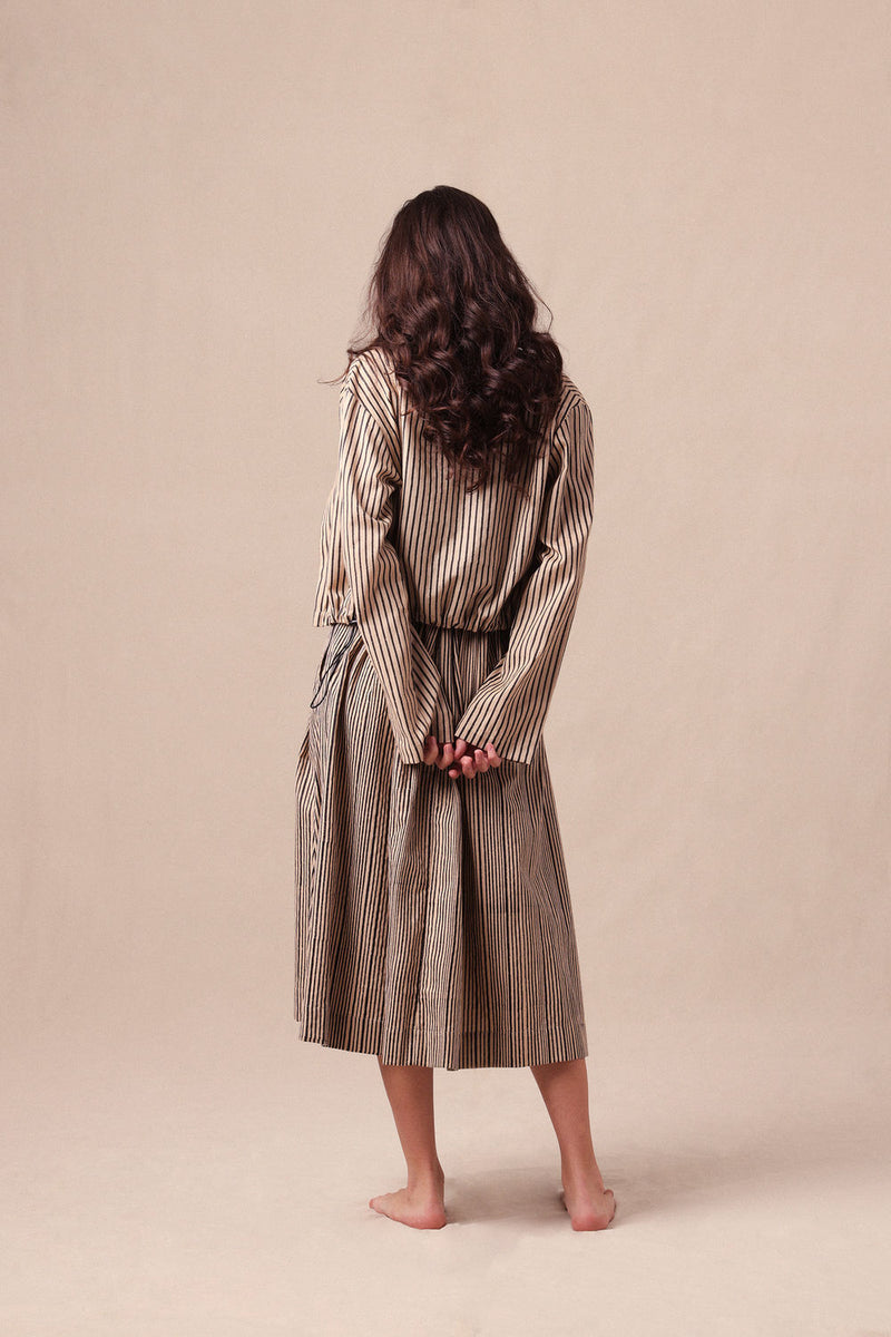Charcoal Striped Bodysuit Box Pleated Skirt and Crop Jacket Co-Ord Set (3 PCS) cotton co-ord set by Mati in black for women Worldwide