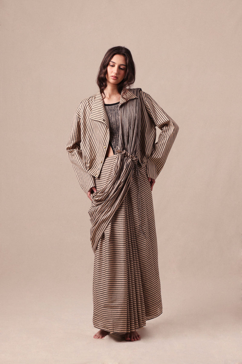 Charcoal Striped Bodysuit Crop Jacket & Drawstring Mul Saree Set (3 PCS) cotton saree by Mati in black for women Worldwide