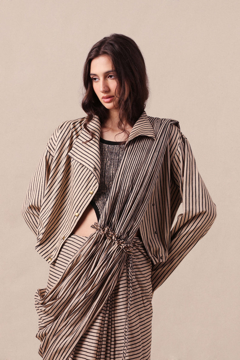 Charcoal Striped Bodysuit Crop Jacket & Drawstring Mul Saree Set (3 PCS) cotton saree by Mati in black for women Worldwide