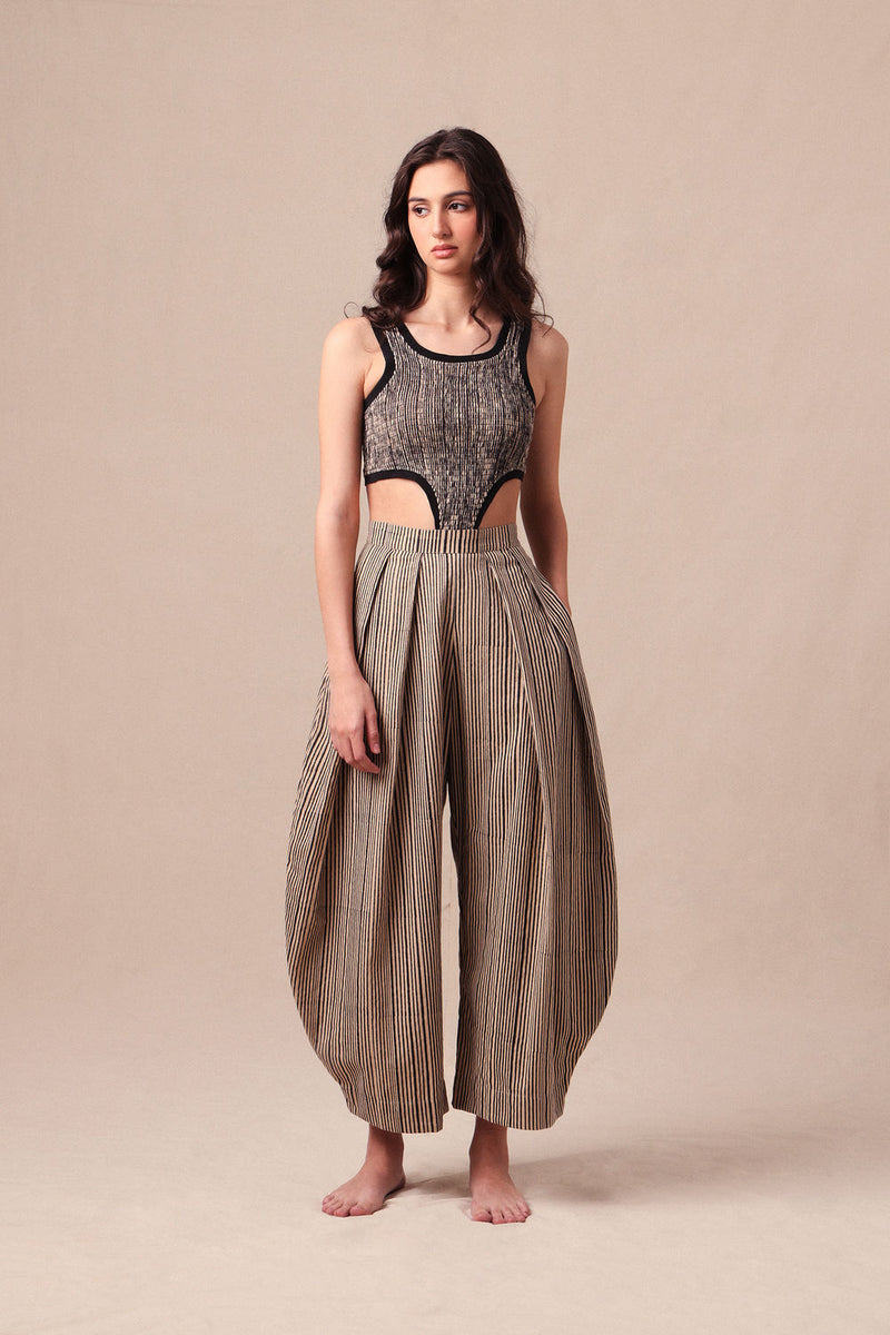Charcoal Striped Bodysuit & Barrel Pants Co-Ord Set (2 PCS) cotton co-ord set by Mati in black for women Worldwide