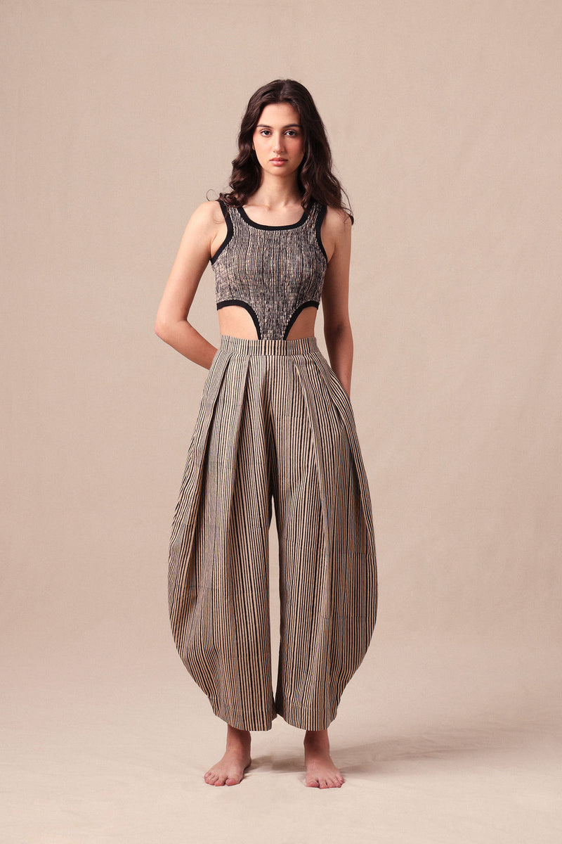 Charcoal Striped Bodysuit & Barrel Pants Co-Ord Set (2 PCS) cotton co-ord set by Mati in black for women Worldwide