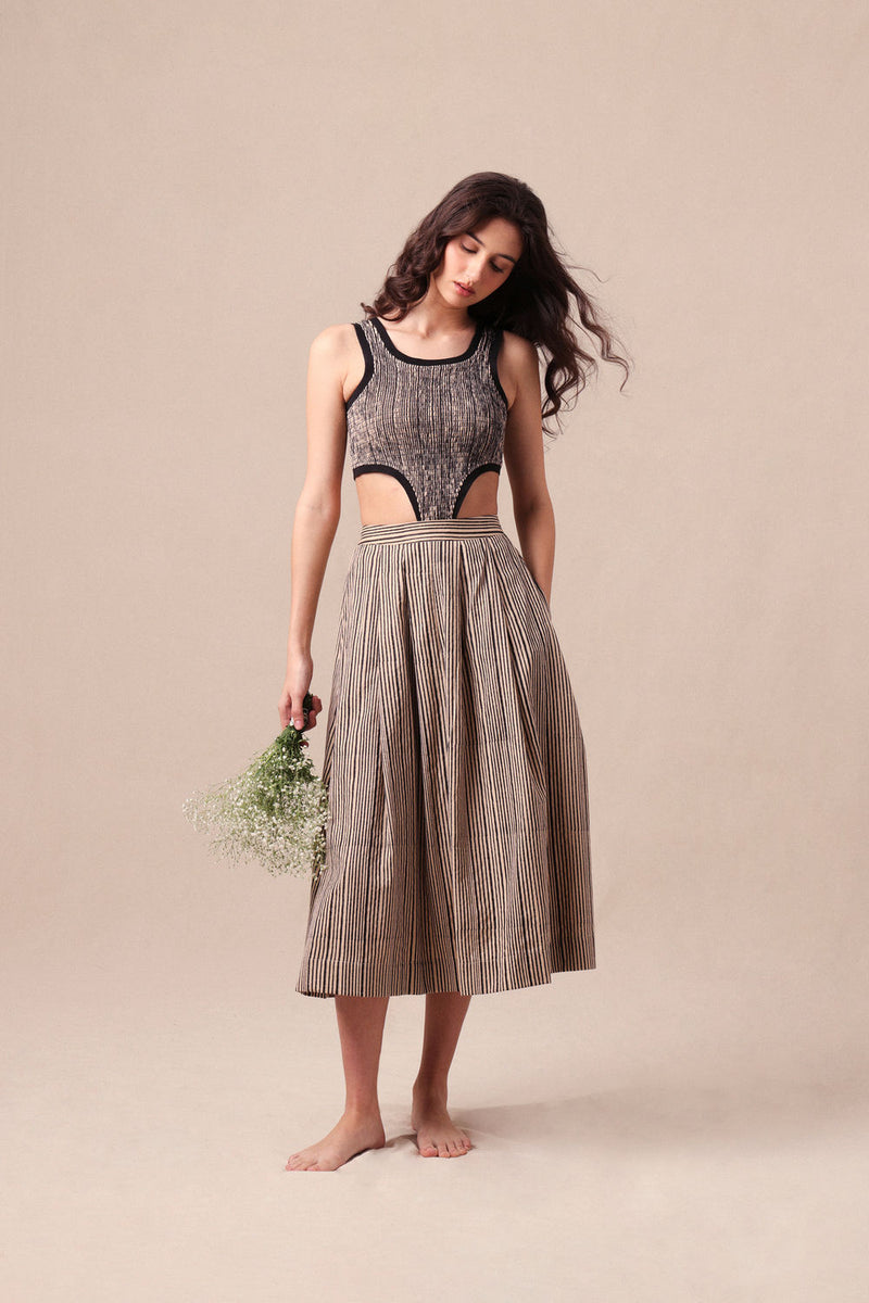 Charcoal Striped Bodysuit & Box Pleated Skirt Co-Ord Set (2 PCS) cotton co-ord set by Mati in black for women Worldwide