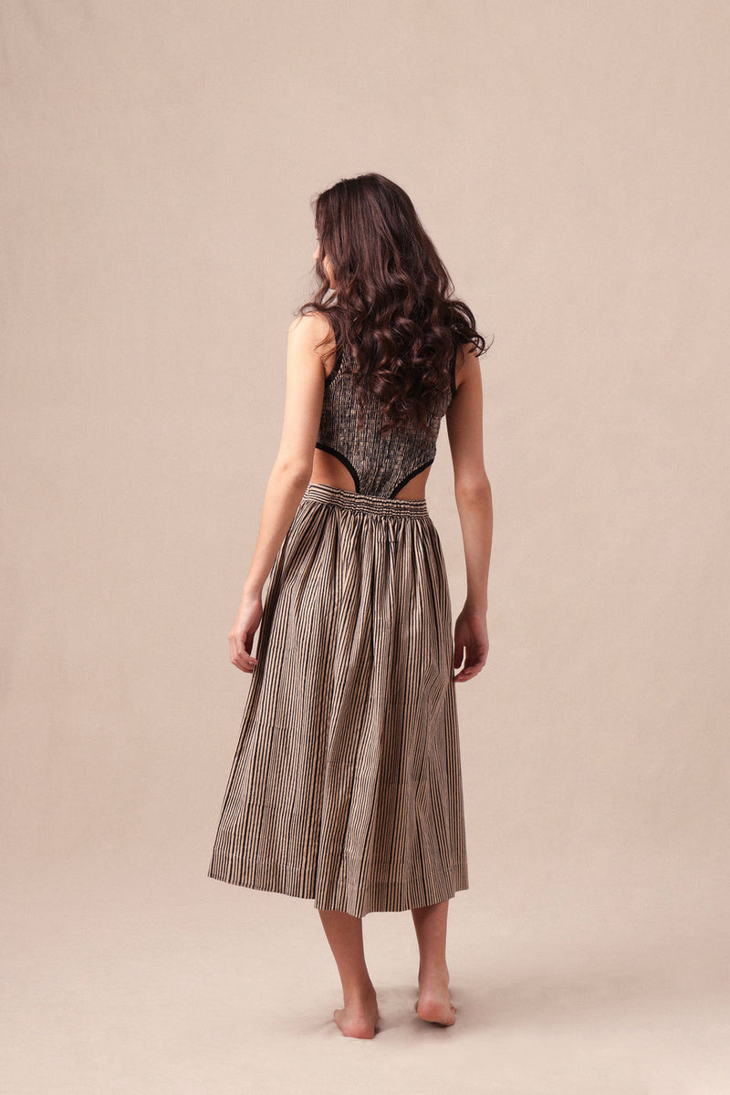 Charcoal Striped Bodysuit & Box Pleated Skirt Co-Ord Set (2 PCS) cotton co-ord set by Mati in black for women Worldwide