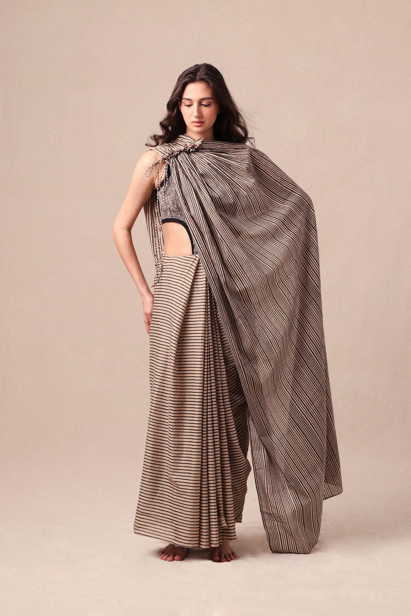 Charcoal Striped Bodysuit & Drawstring Mul Saree Set (2 PCS) cotton saree by Mati in black for women Worldwide