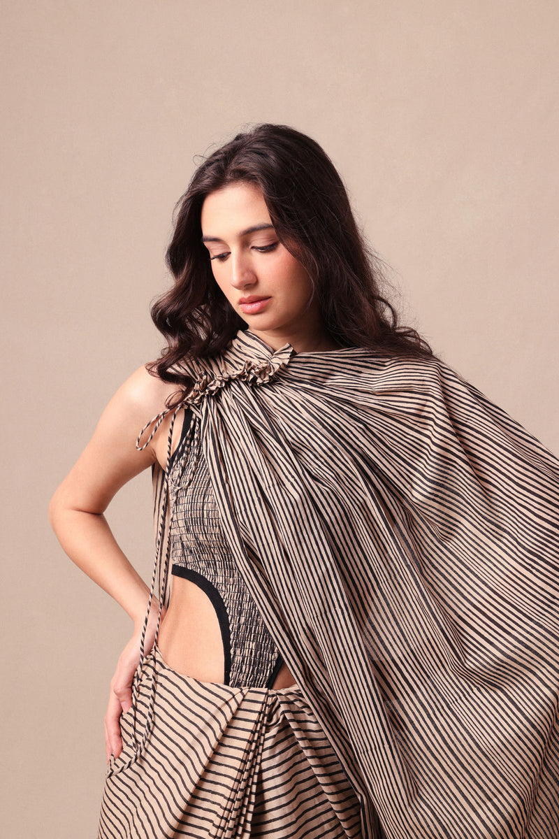 Charcoal Striped Bodysuit & Drawstring Mul Saree Set (2 PCS) cotton saree by Mati in black for women Worldwide