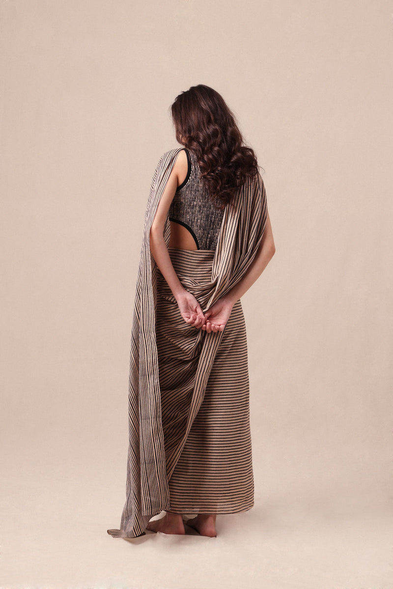 Charcoal Striped Bodysuit & Drawstring Mul Saree Set (2 PCS) cotton saree by Mati in black for women Worldwide