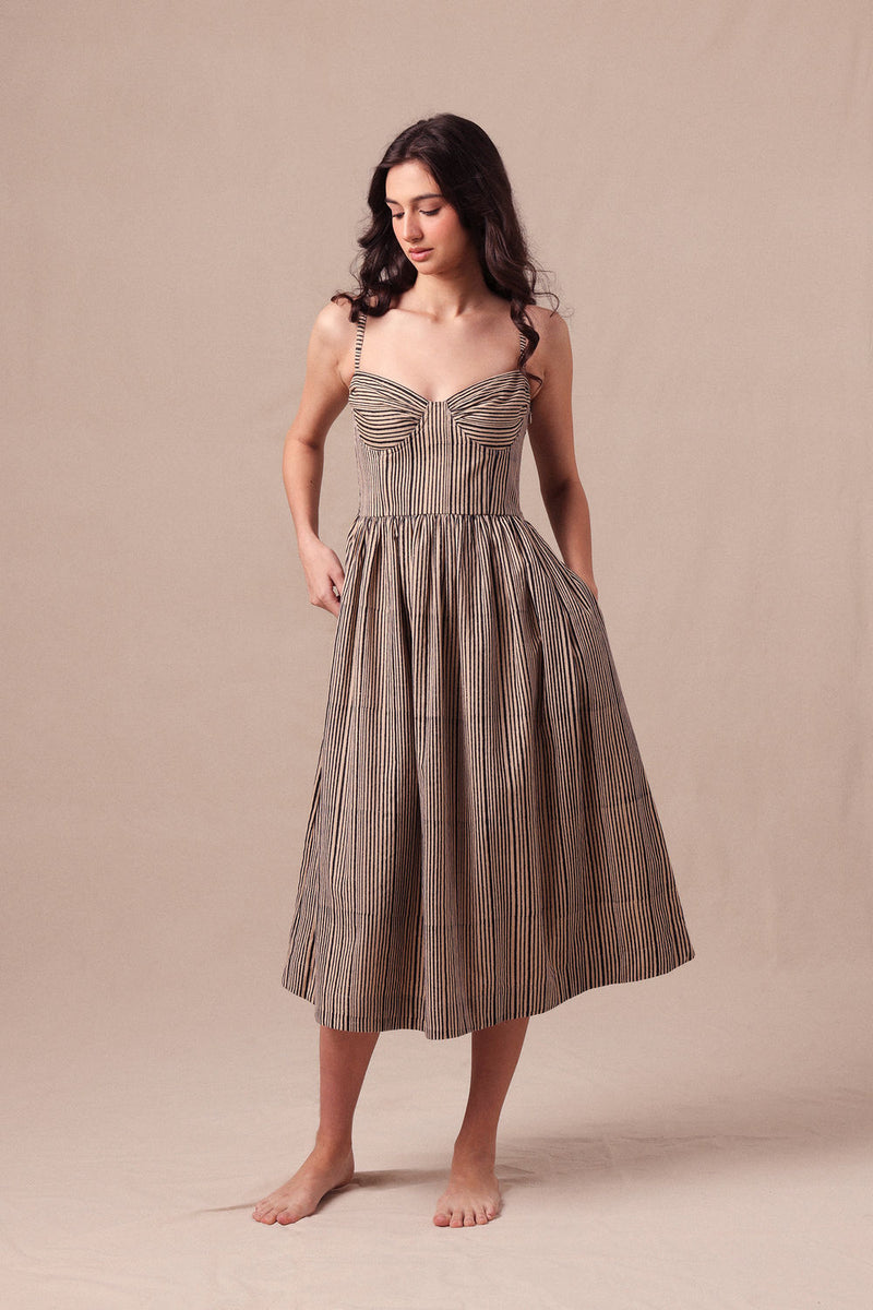 Charcoal Striped Corset Dress cotton dress by Mati in black for women Worldwide