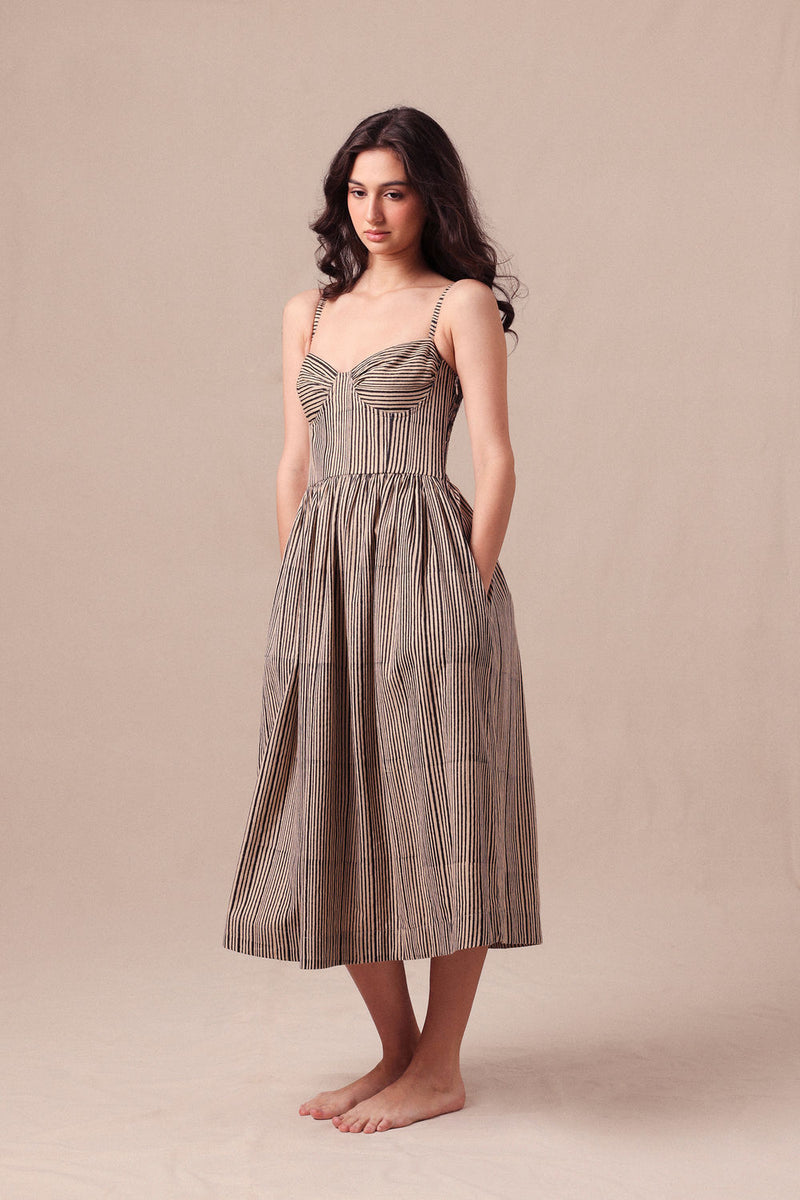Charcoal Striped Corset Dress cotton dress by Mati in black for women Worldwide