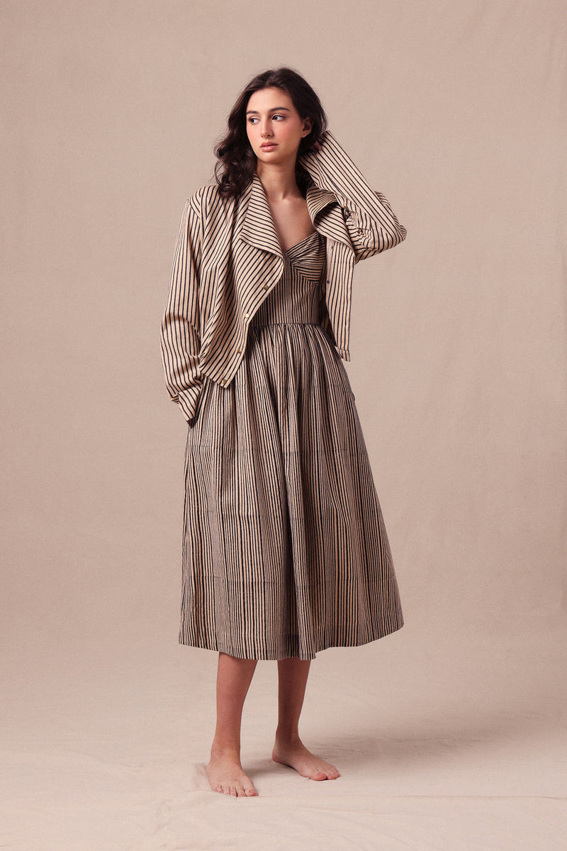 Charcoal Striped Corset Dress & Crop Jacket Set (2 PCS) cotton dress by Mati in black for women Worldwide