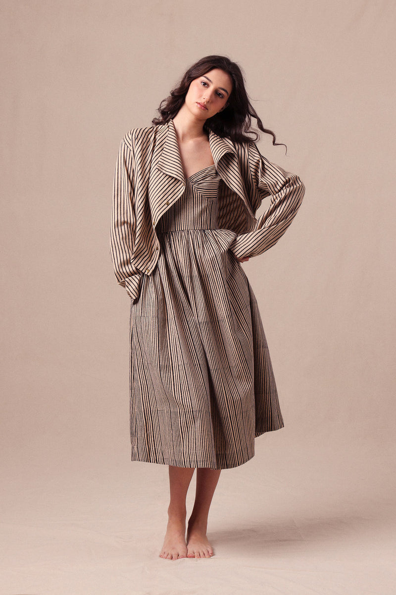 Charcoal Striped Corset Dress & Crop Jacket Set (2 PCS) cotton dress by Mati in black for women Worldwide