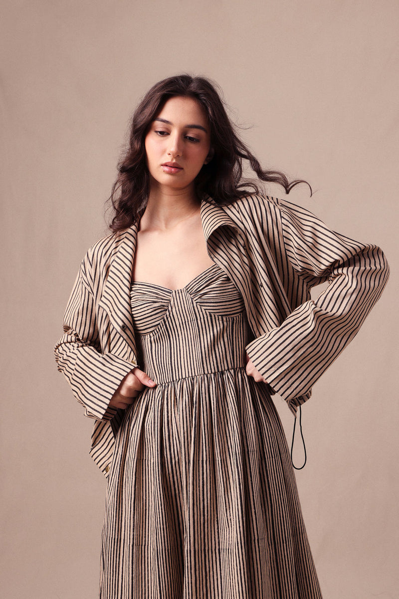 Charcoal Striped Corset Dress & Crop Jacket Set (2 PCS) cotton dress by Mati in black for women Worldwide