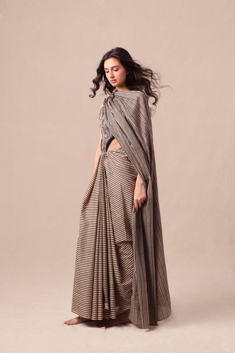 Charcoal Striped Drawstring Mul Saree cotton saree by Mati in black for women Worldwide