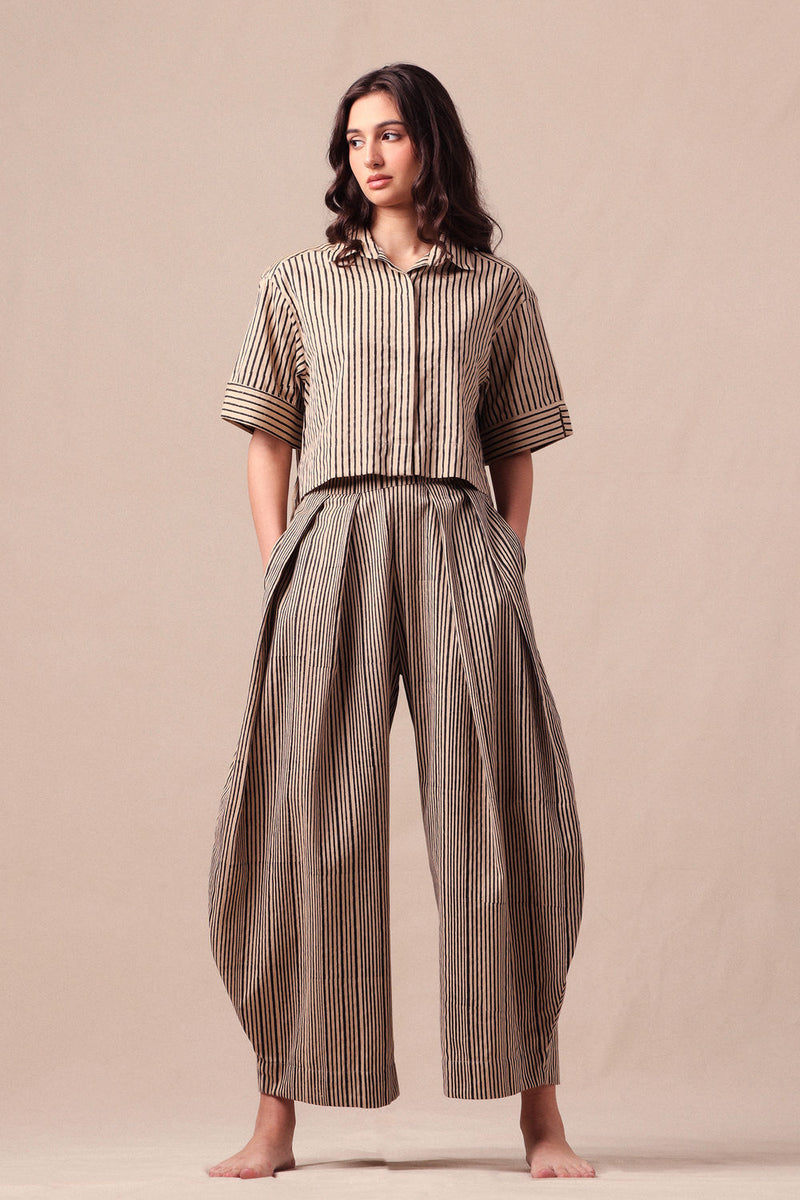Charcoal Striped Ekin Crop Shirt & Barrel Pants Co-Ord Set (2 PCS) cotton co-ord set by Mati in black for women Worldwide