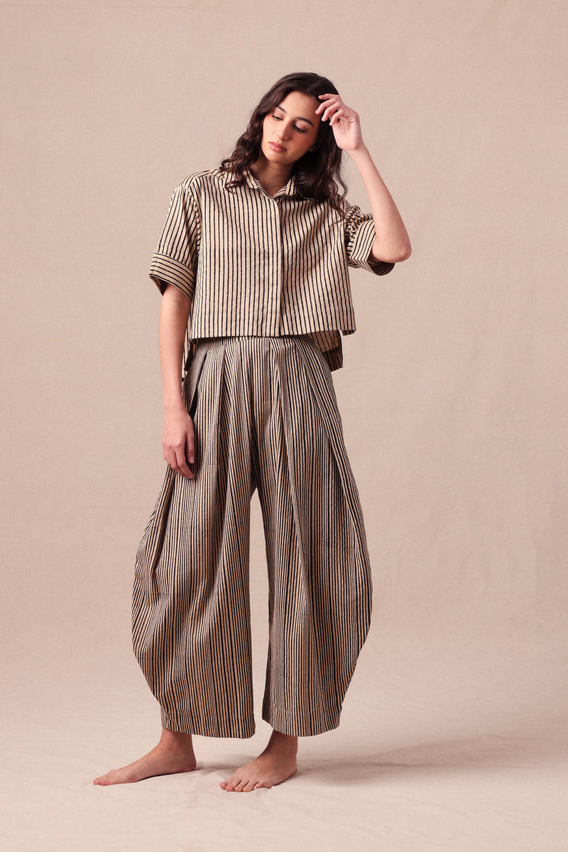 Charcoal Striped Ekin Crop Shirt & Barrel Pants Co-Ord Set (2 PCS) cotton co-ord set by Mati in black for women Worldwide