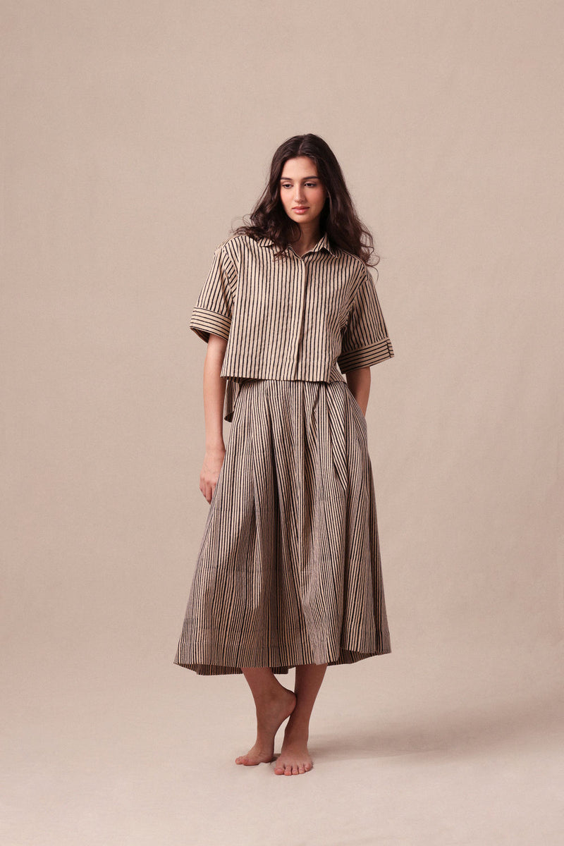 Charcoal Striped Ekin Crop Shirt & Box Pleated Skirt Co-Ord Set (2 PCS) cotton co-ord set by Mati in black for women Worldwide