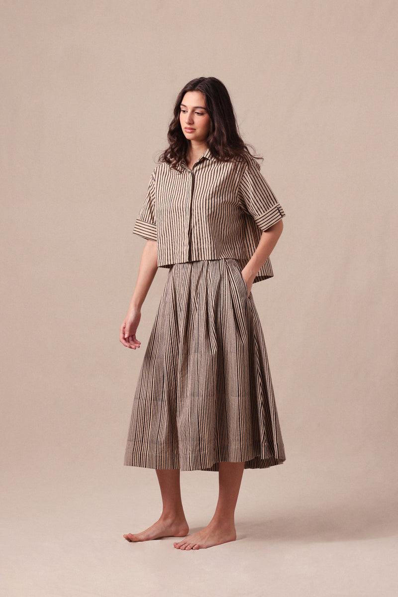 Charcoal Striped Ekin Crop Shirt & Box Pleated Skirt Co-Ord Set (2 PCS) cotton co-ord set by Mati in black for women Worldwide