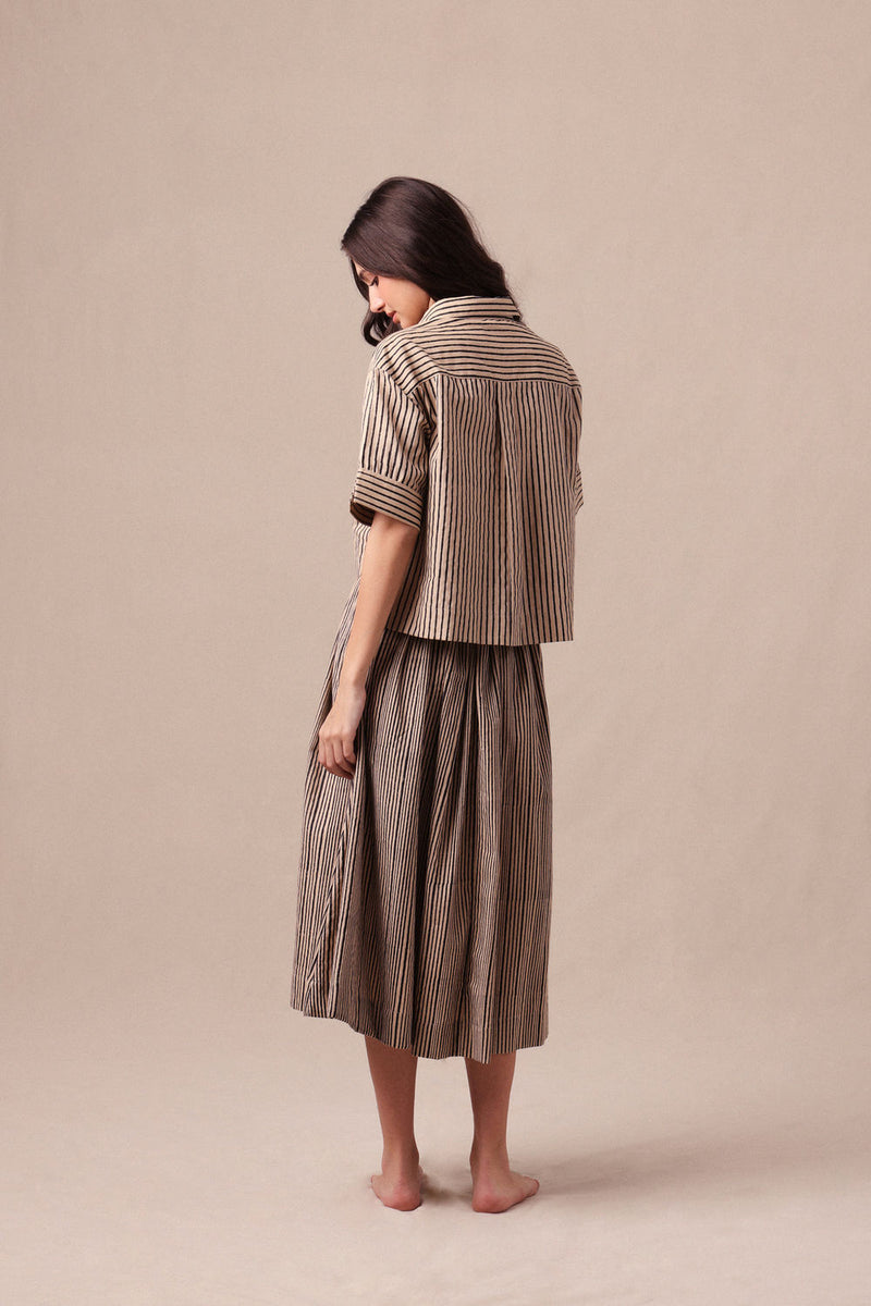 Charcoal Striped Ekin Crop Shirt & Box Pleated Skirt Co-Ord Set (2 PCS) cotton co-ord set by Mati in black for women Worldwide