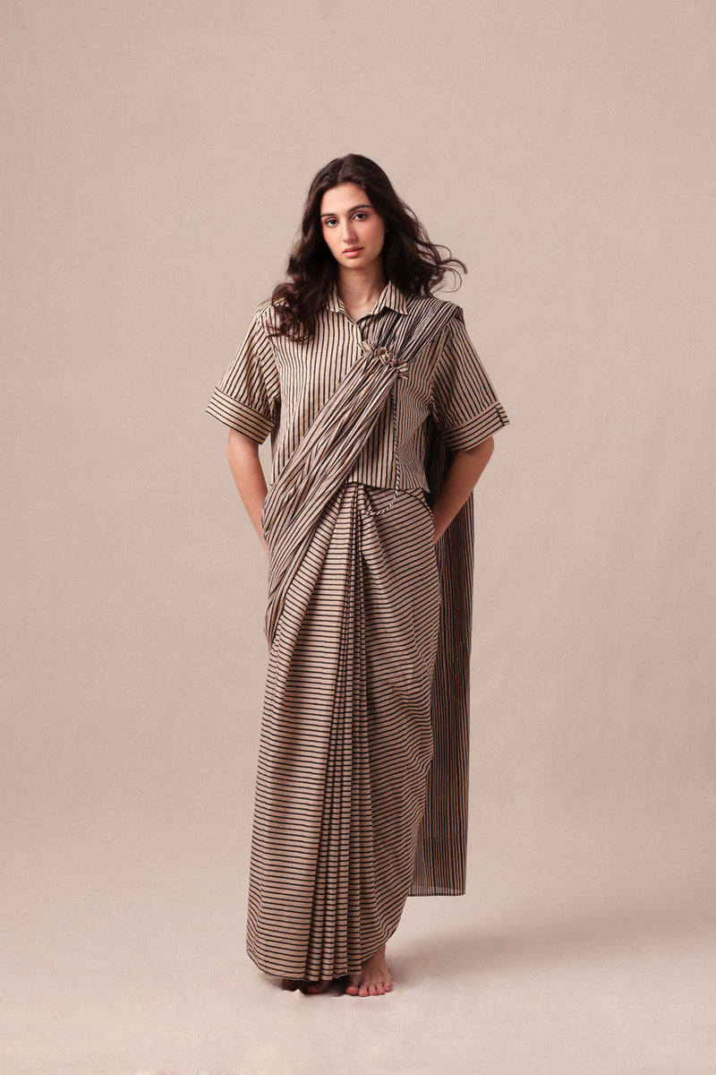 Charcoal Striped Ekin Shirt & Drawstring Mul Saree Set (2 PCS) cotton saree by Mati in black for women Worldwide