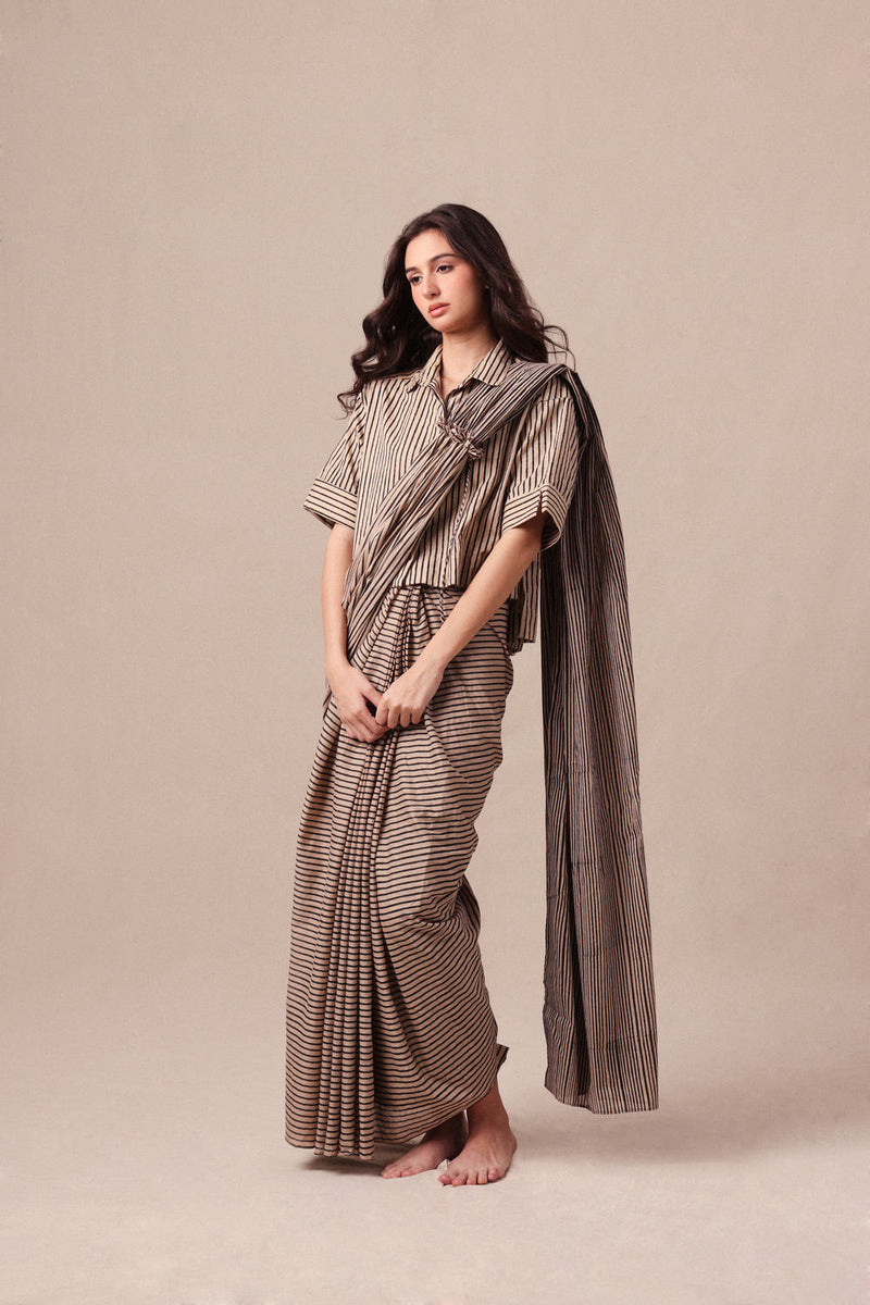 Charcoal Striped Ekin Shirt & Drawstring Mul Saree Set (2 PCS) cotton saree by Mati in black for women Worldwide