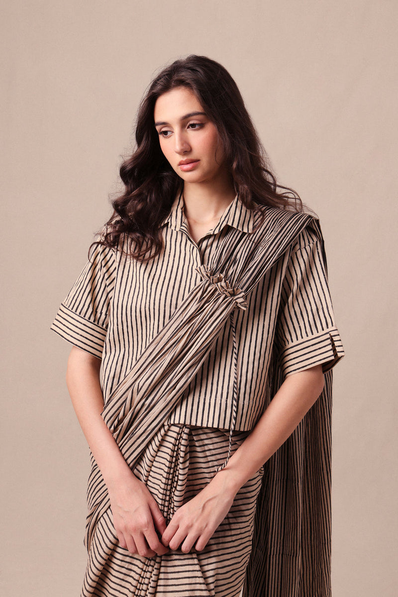 Charcoal Striped Ekin Shirt & Drawstring Mul Saree Set (2 PCS) cotton saree by Mati in black for women Worldwide