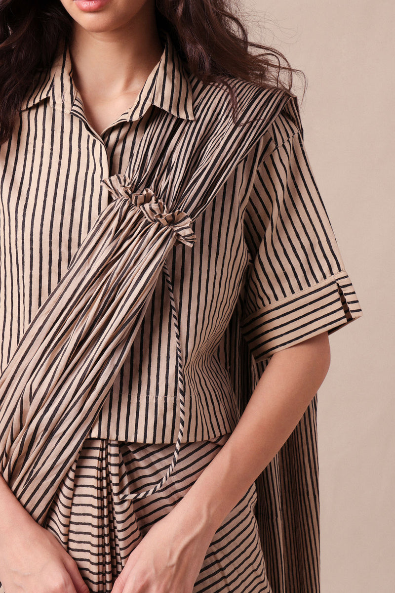 Charcoal Striped Ekin Shirt & Drawstring Mul Saree Set (2 PCS) cotton saree by Mati in black for women Worldwide