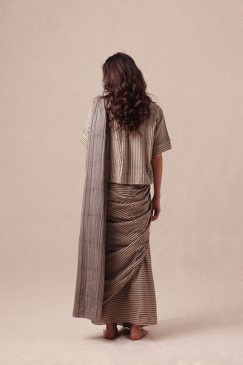Charcoal Striped Ekin Shirt & Drawstring Mul Saree Set (2 PCS) cotton saree by Mati in black for women Worldwide