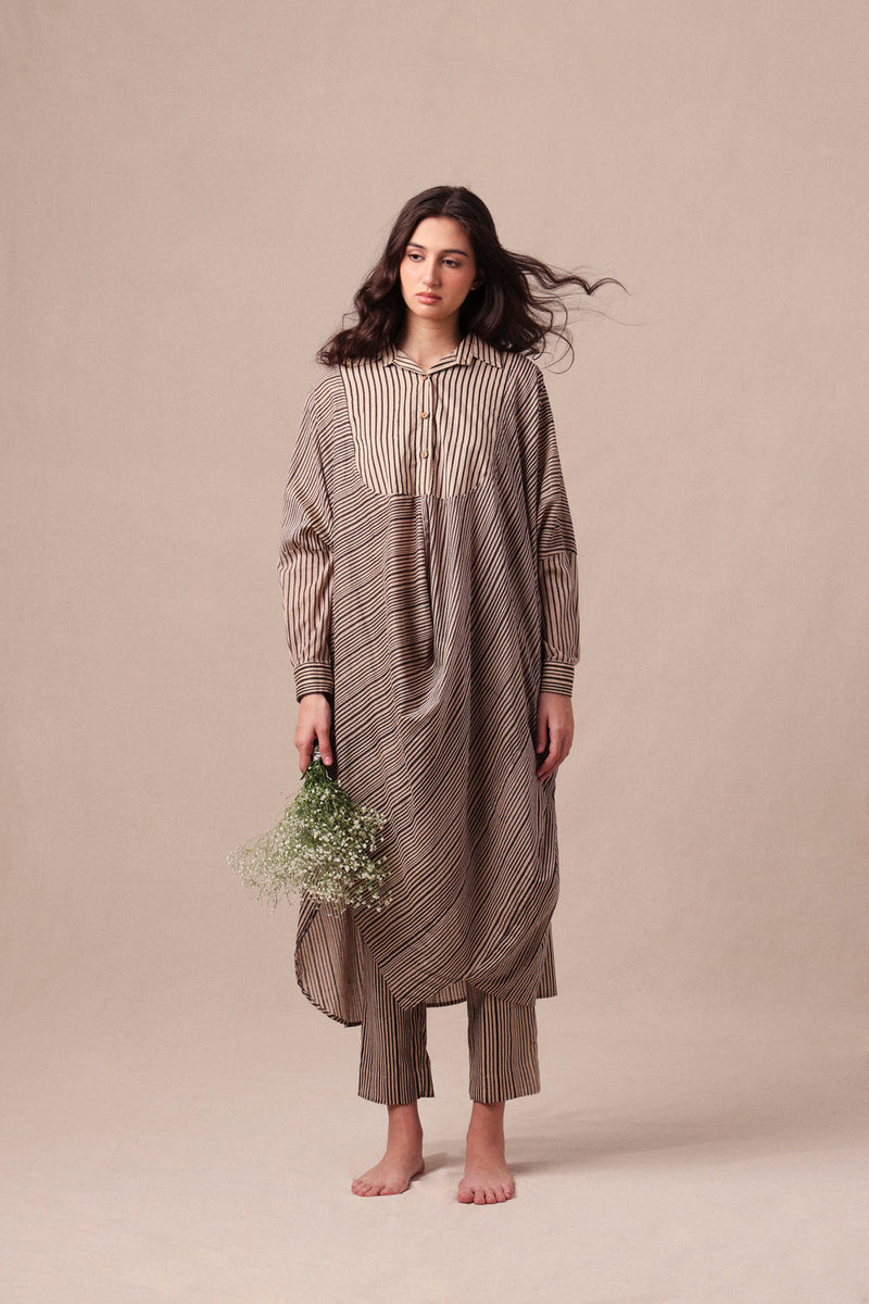 Charcoal Striped Shirt Cowl Tunic & SE Pants Co-Ord Set (2 PCS) cotton co-ord set by Mati in black for women Worldwide