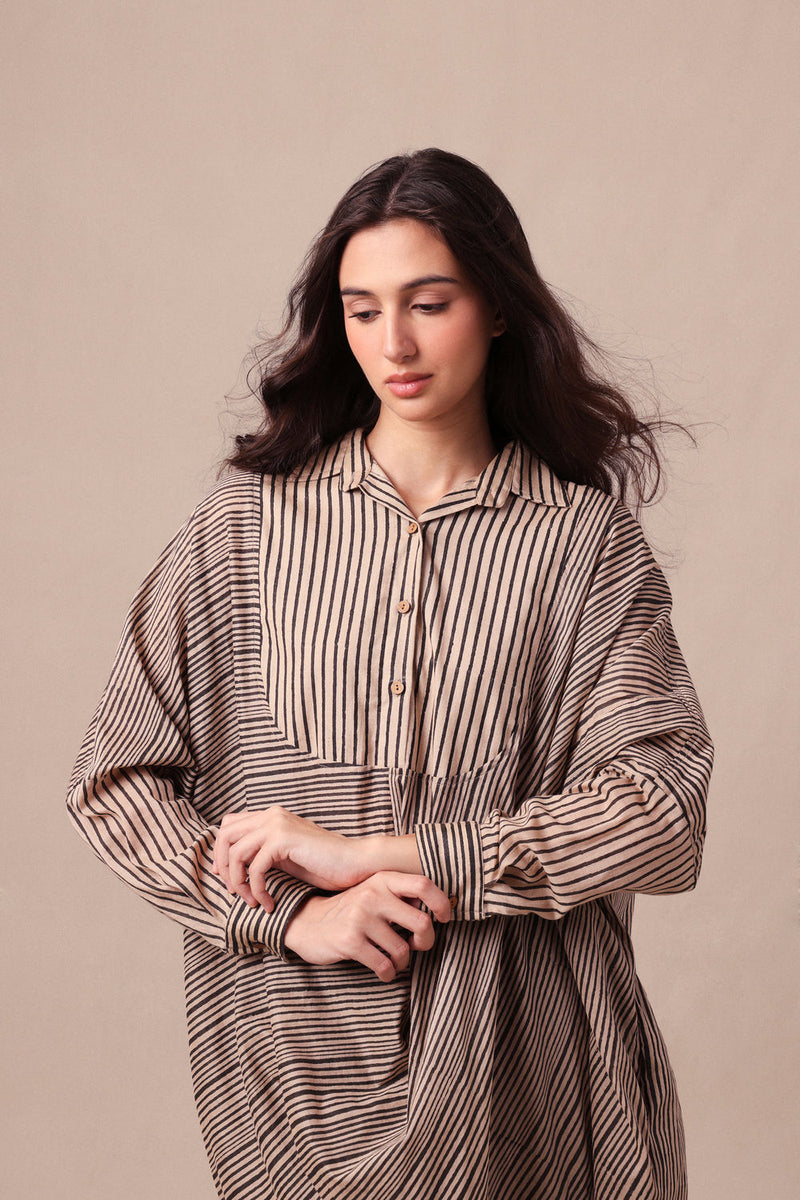 Charcoal Striped Shirt Cowl Tunic & SE Pants Co-Ord Set (2 PCS) cotton co-ord set by Mati in black for women Worldwide