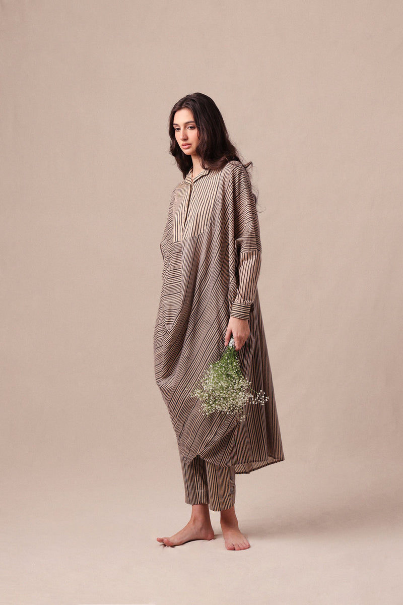 Charcoal Striped Shirt Cowl Tunic & SE Pants Co-Ord Set (2 PCS) cotton co-ord set by Mati in black for women Worldwide