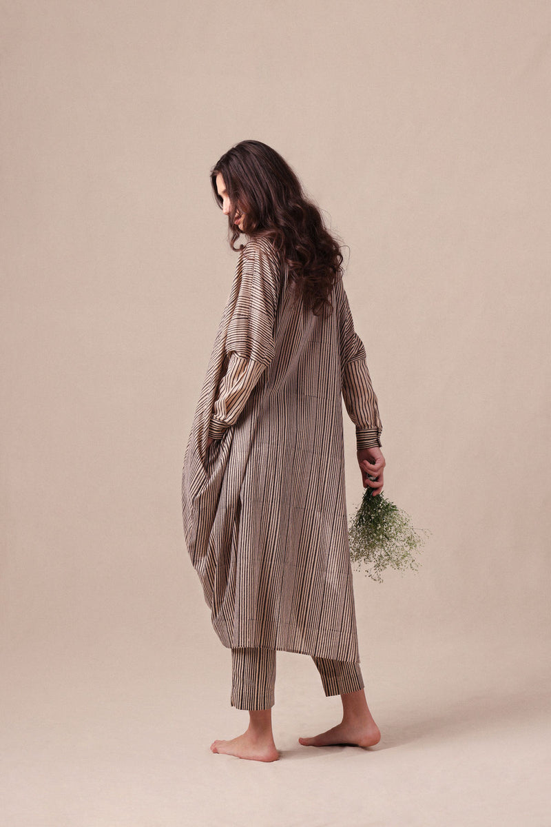 Charcoal Striped Shirt Cowl Tunic & SE Pants Co-Ord Set (2 PCS) cotton co-ord set by Mati in black for women Worldwide