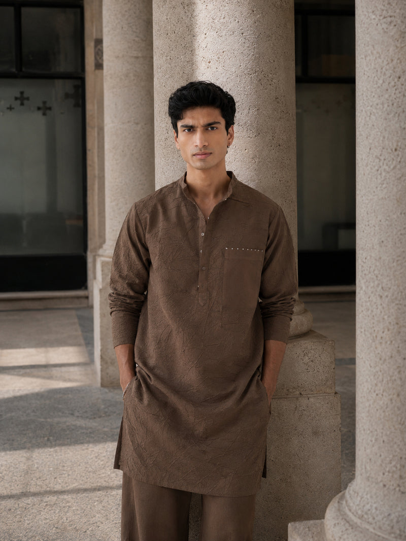 Crush Texture Kurta handwoven cotton mul kurta/kurta set by THREE Men in brown for men Worldwide
