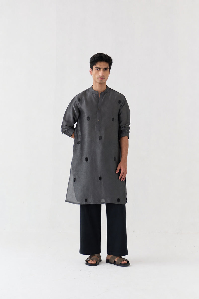 Hand Emb. Detail Kurta Co-Ord tissue,handwoven cotton co-ord set by THREE Men in black for men Worldwide