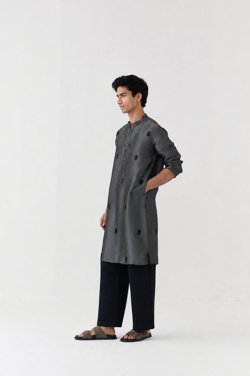 Hand Emb. Detail Kurta Co-Ord tissue,handwoven cotton co-ord set by THREE Men in black for men Worldwide