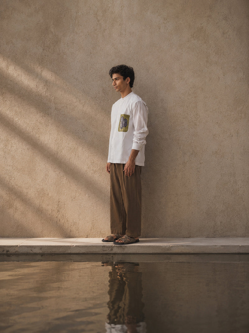 Fringe Applique Patch Pocket Shirt Co-Ord handwoven cotton mul co-ord set by THREE Men in white,brown for men Worldwide