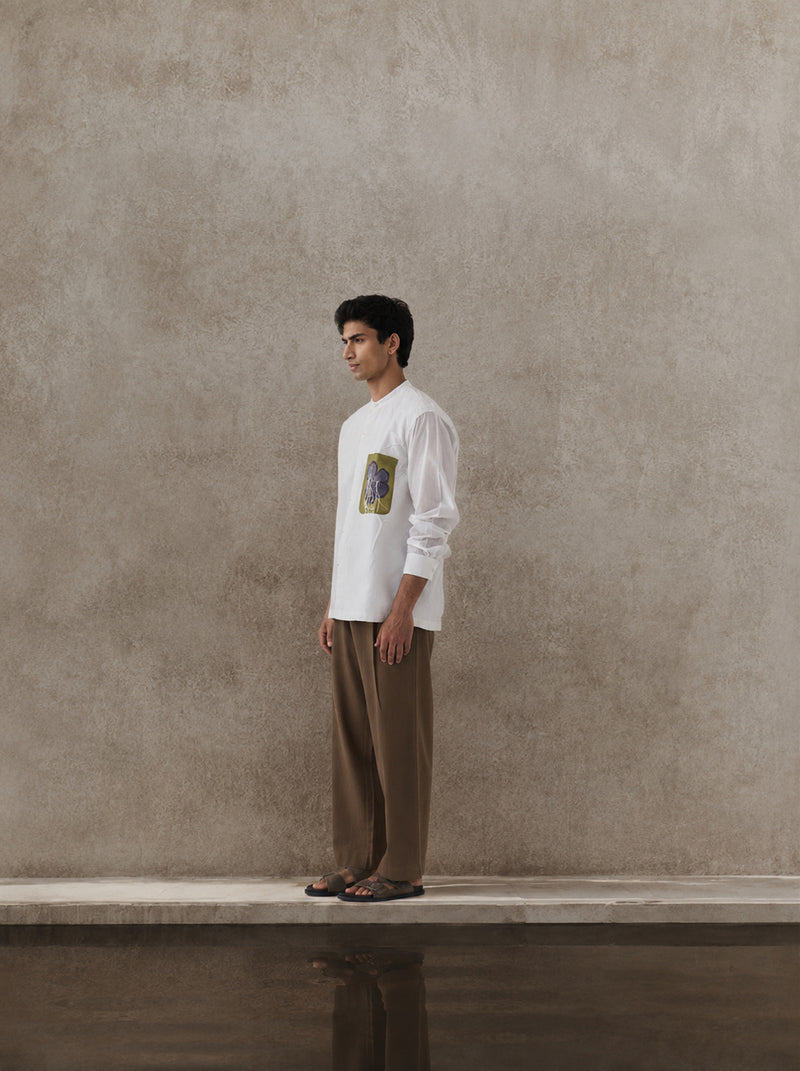 Fringe Applique Patch Pocket Shirt Co-Ord handwoven cotton mul co-ord set by THREE Men in white,brown for men Worldwide