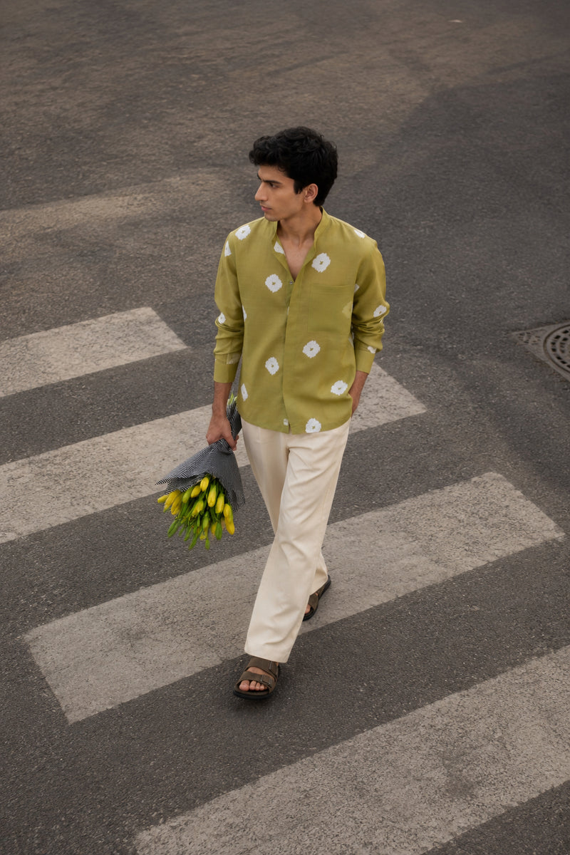 Block Print Band Collar Shirt Co-Ord chanderi,twill co-ord set by THREE Men in green,ivory for men Worldwide