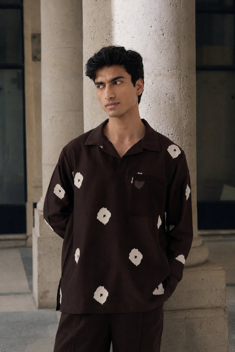 Block Print V-Neck Shirt chanderi shirt by THREE Men in dark brown for men Worldwide