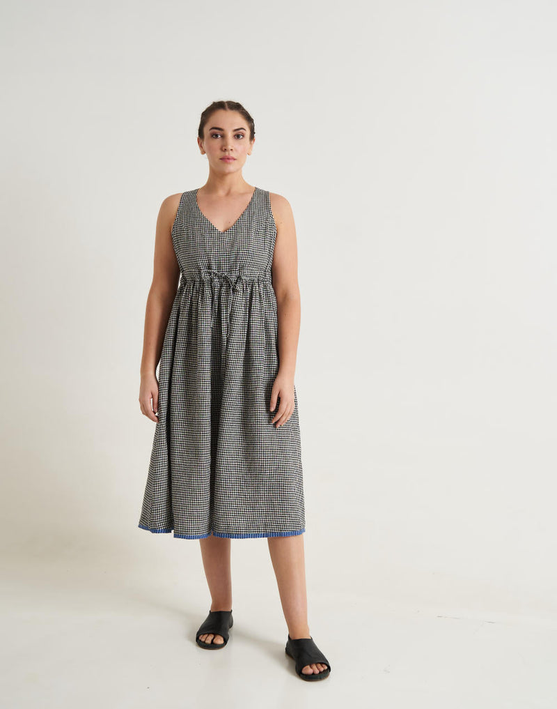 Checkered Front Tie-up midi dress - Black& White Checks cotton by World of Crow for women Worldwide
