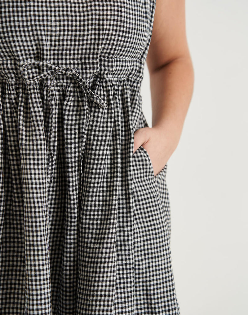 Checkered Front Tie-up midi dress - Black& White Checks cotton by World of Crow for women Worldwide