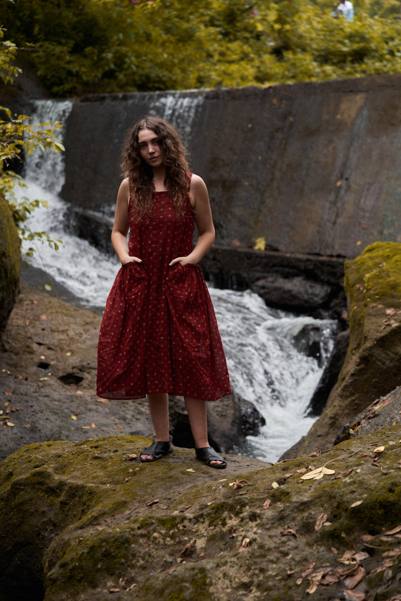 Cherry Blossom Pocketed Midi Dress - Red cotton by World of Crow in red color for women Worldwide