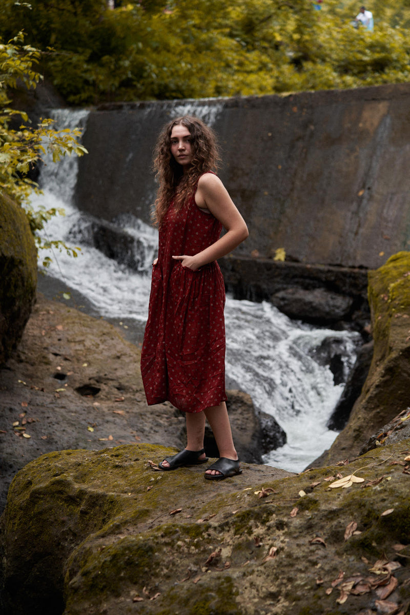 Cherry Blossom Pocketed Midi Dress - Red cotton by World of Crow in red color for women Worldwide